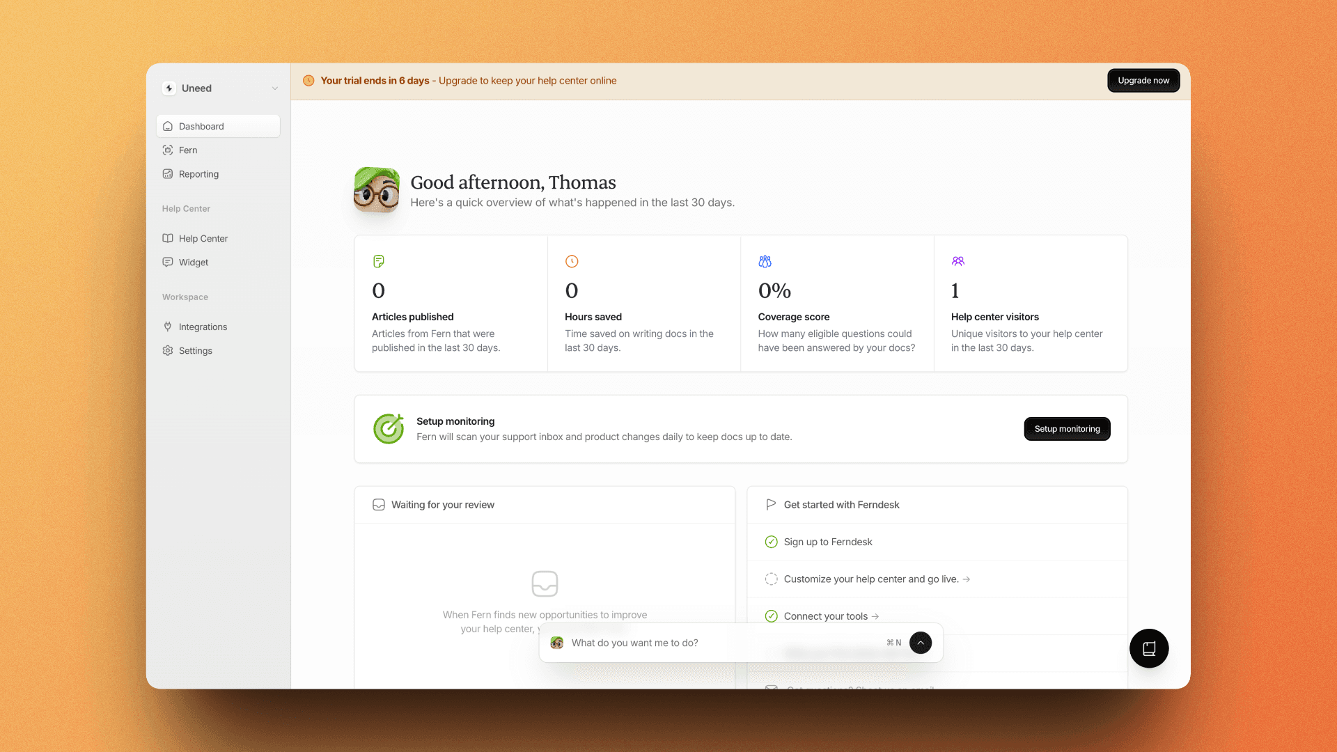 Ferndesk dashboard with key metrics