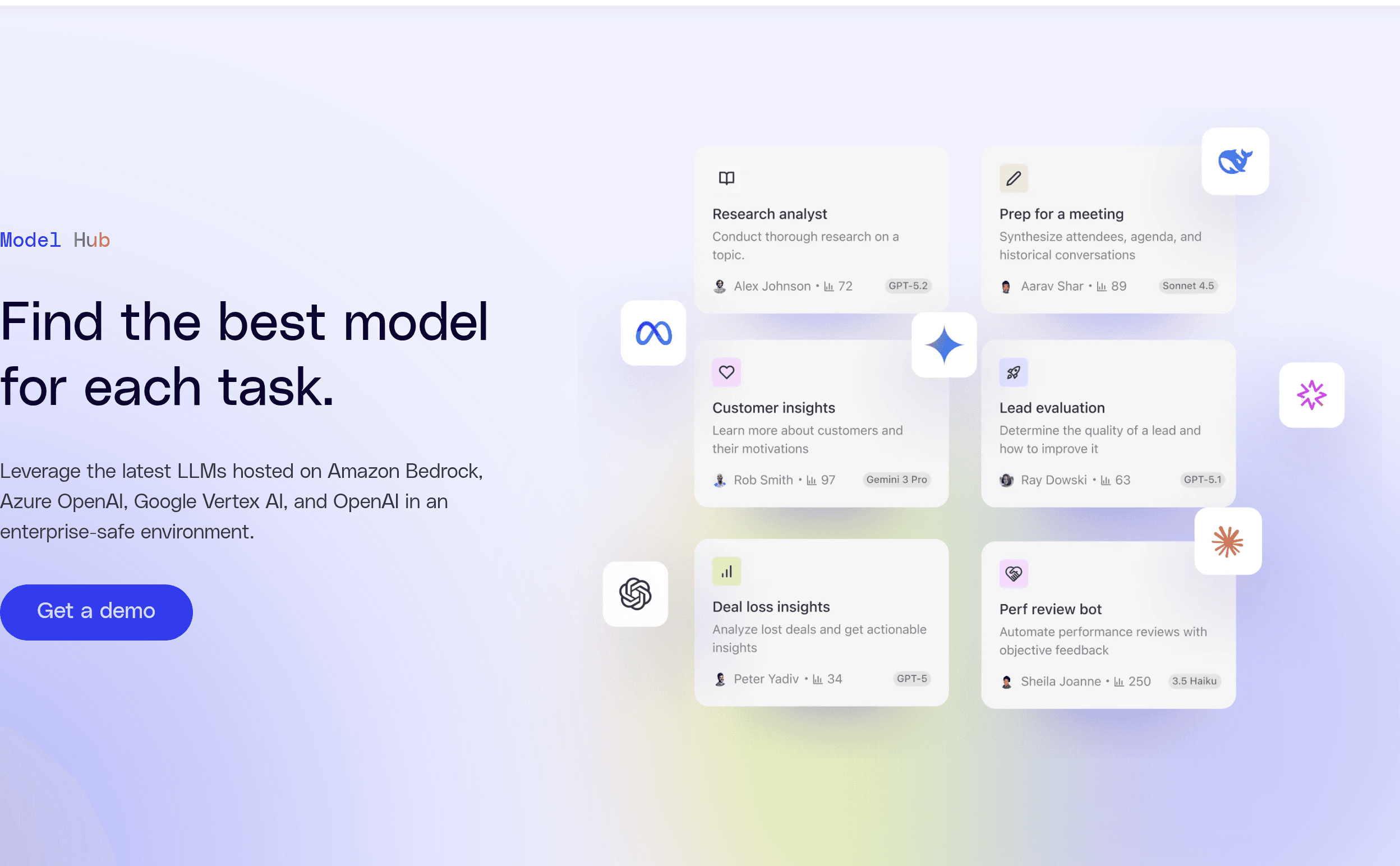 The Model Hub page, showing different agents each pinned to a different model: GPT-5.2, Sonnet 4.5, Gemini 3 Pro, GPT-5.1, GPT-5 and 3.5 Haiku.