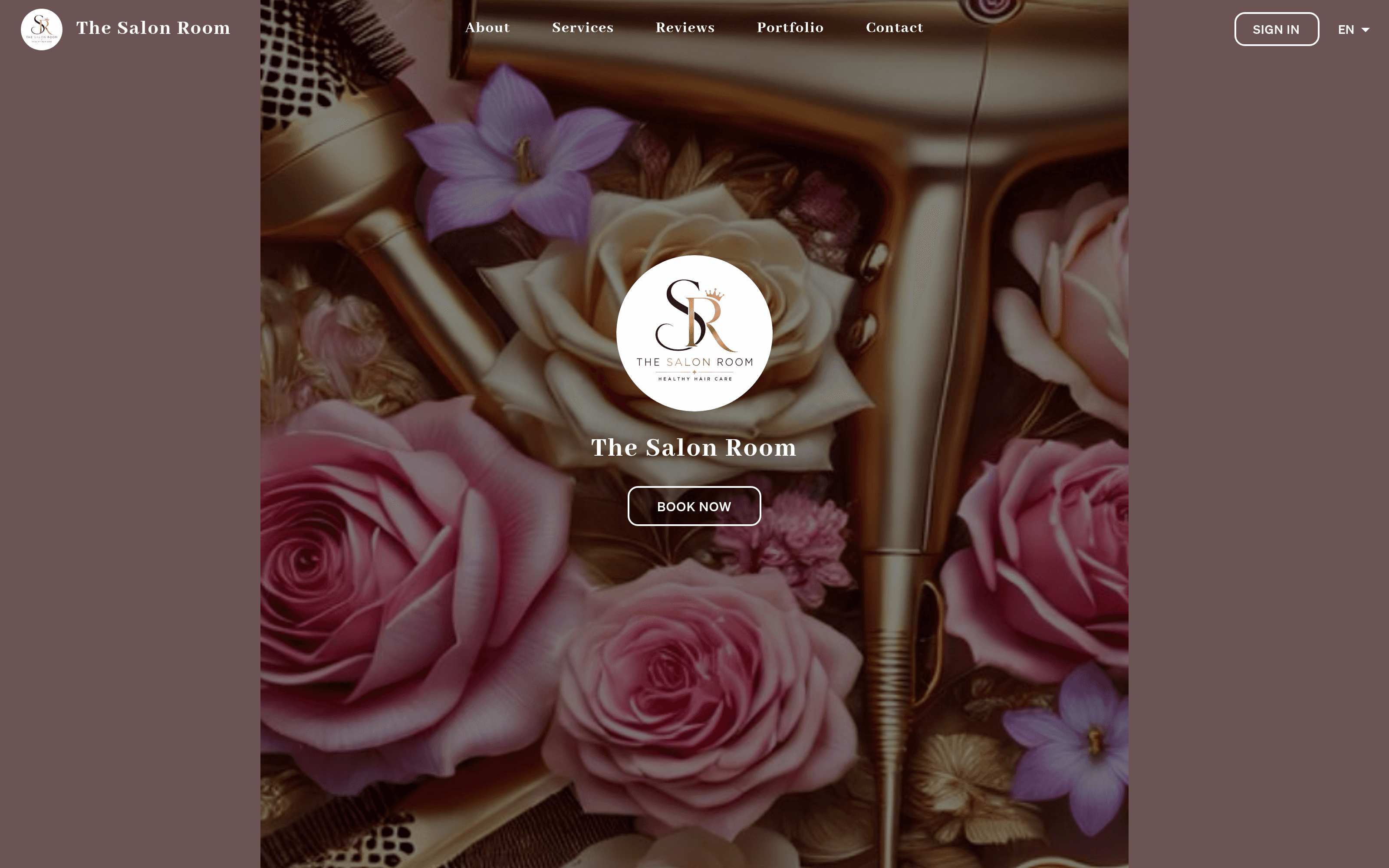 A Goldie booking site for a hair salon: the pro's own logo, photography and typography, with one BOOK NOW button.