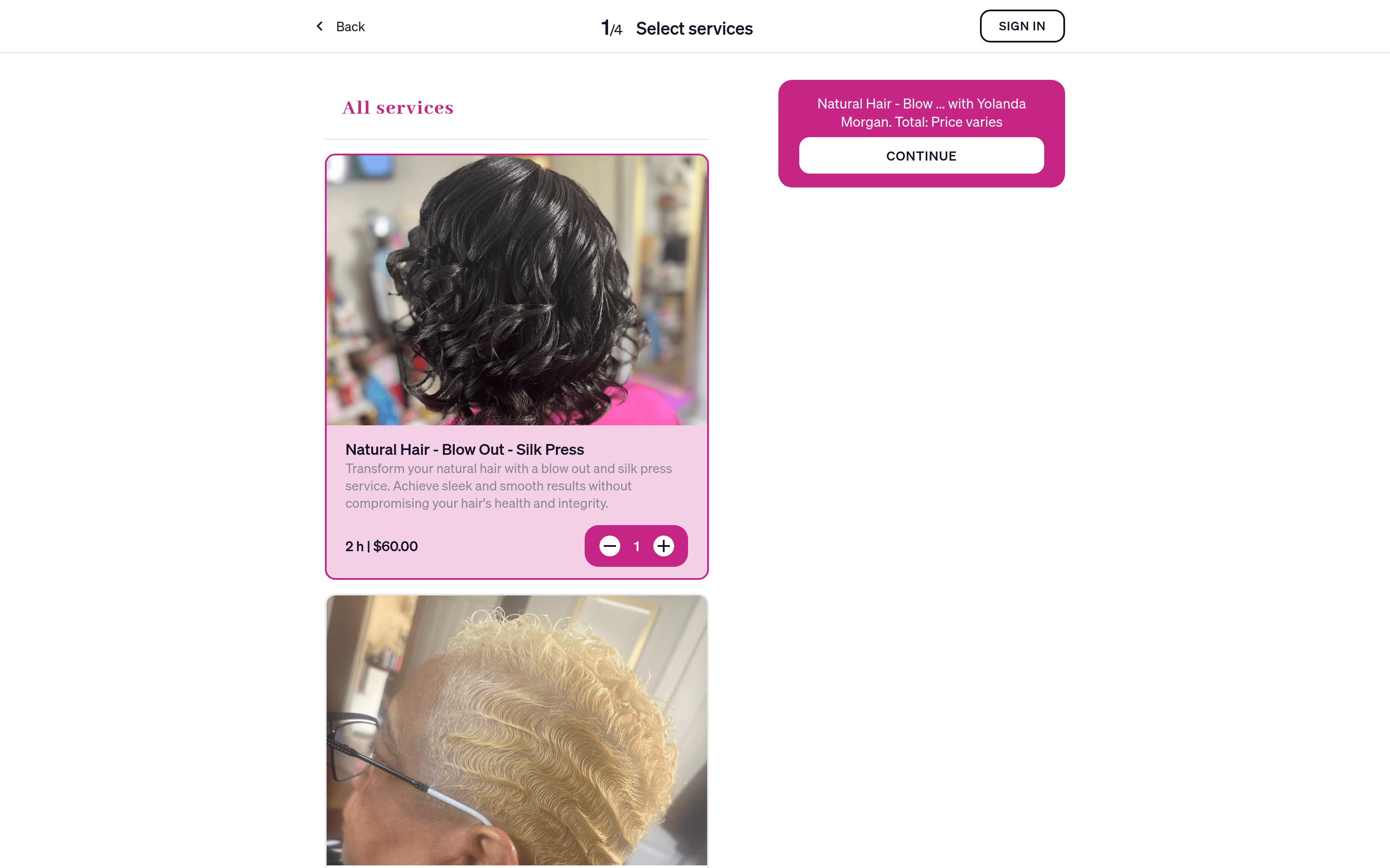 Step one of the checkout: the selected service turns its button into a quantity stepper, and the summary names the stylist and the total.