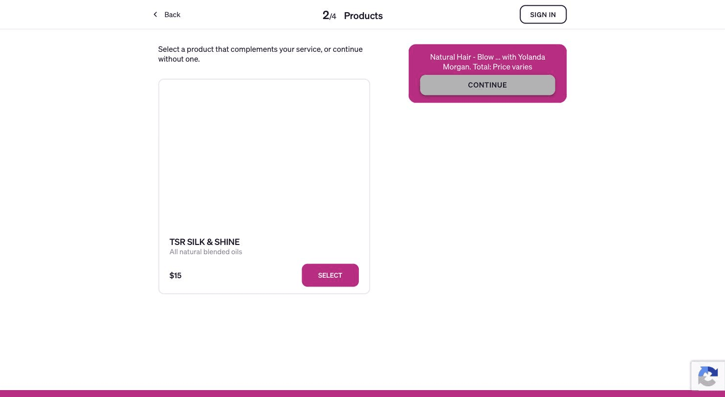 The optional Products step: retail offered inside the booking flow, with a clear opt-out.