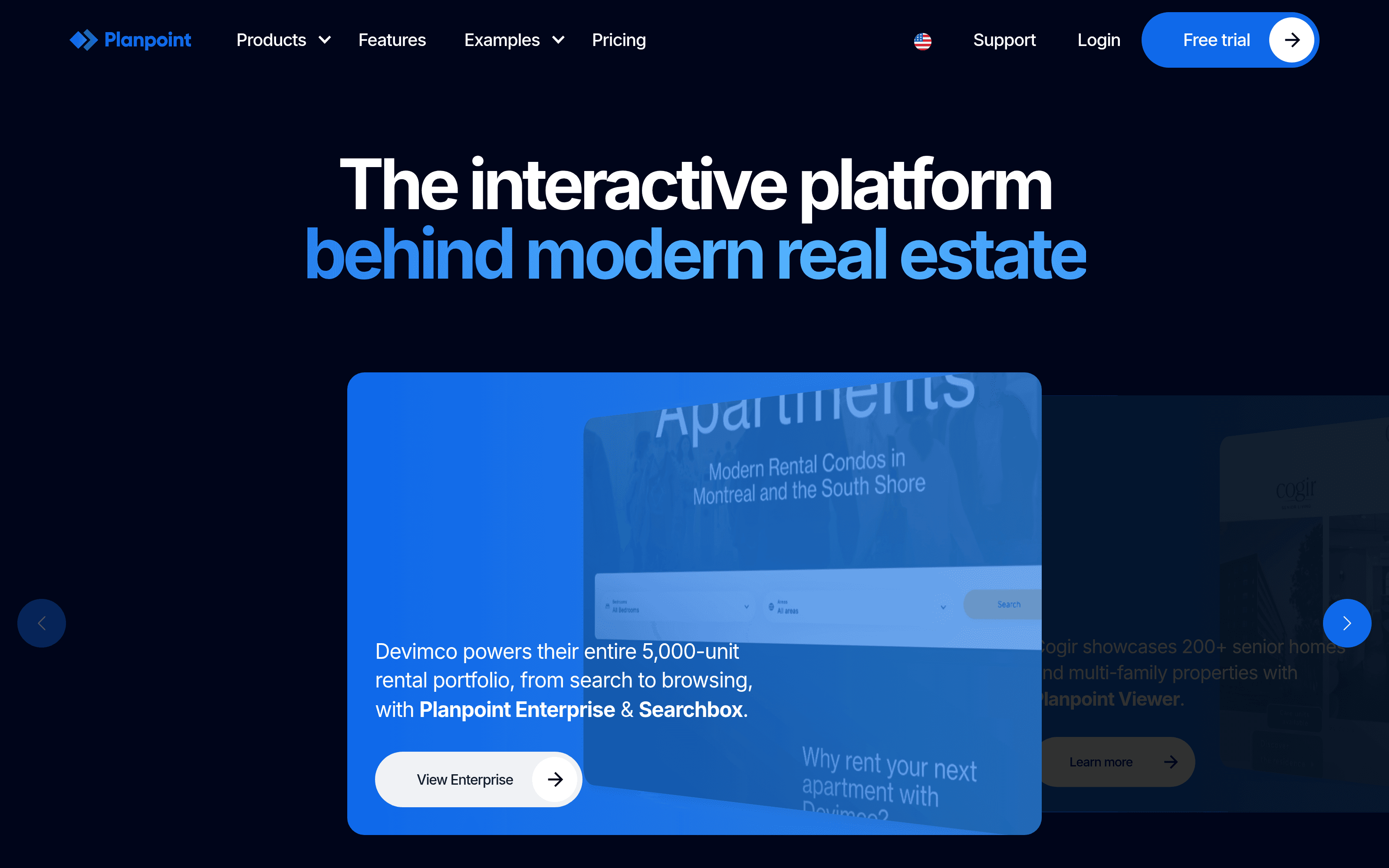 Planpoint's home page: 'the interactive platform behind modern real estate,' with real 5,000-unit portfolios as proof.