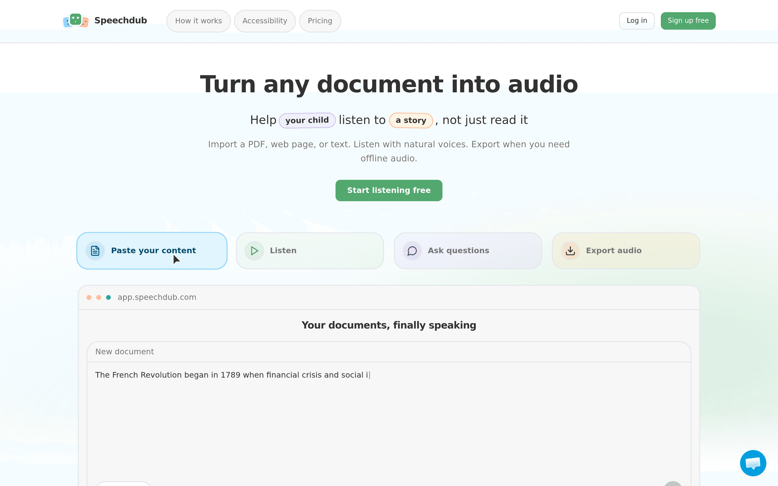 The Speechdub home page: 'Turn any document into audio', with the four-step strip and a mock of the app's single paste box.