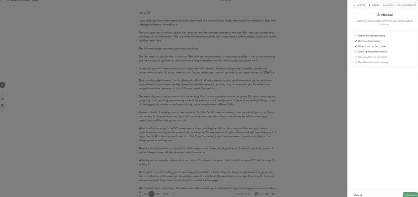 The Natural version mode, with the four traits it adds ticked and the two it deliberately skips struck through.