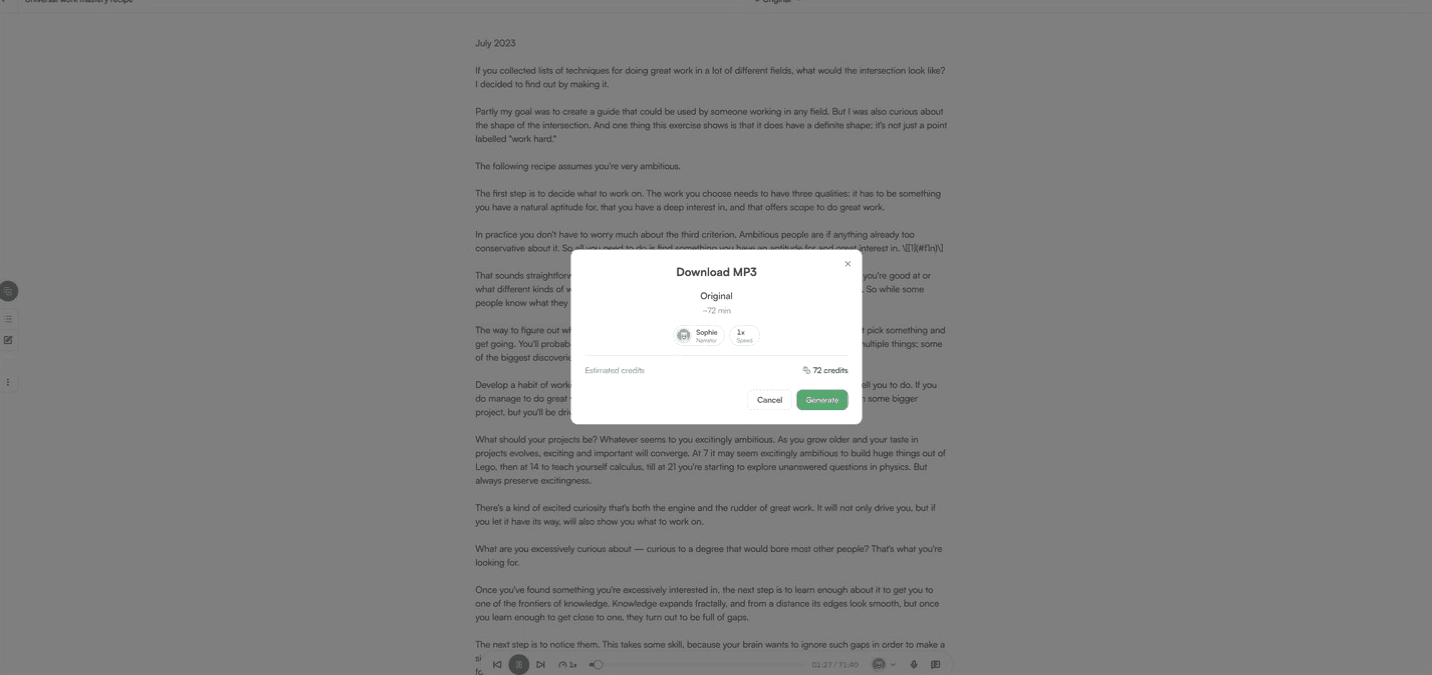 The export modal quoting 72 credits to render the 72-minute essay as an MP3, before you commit to it.