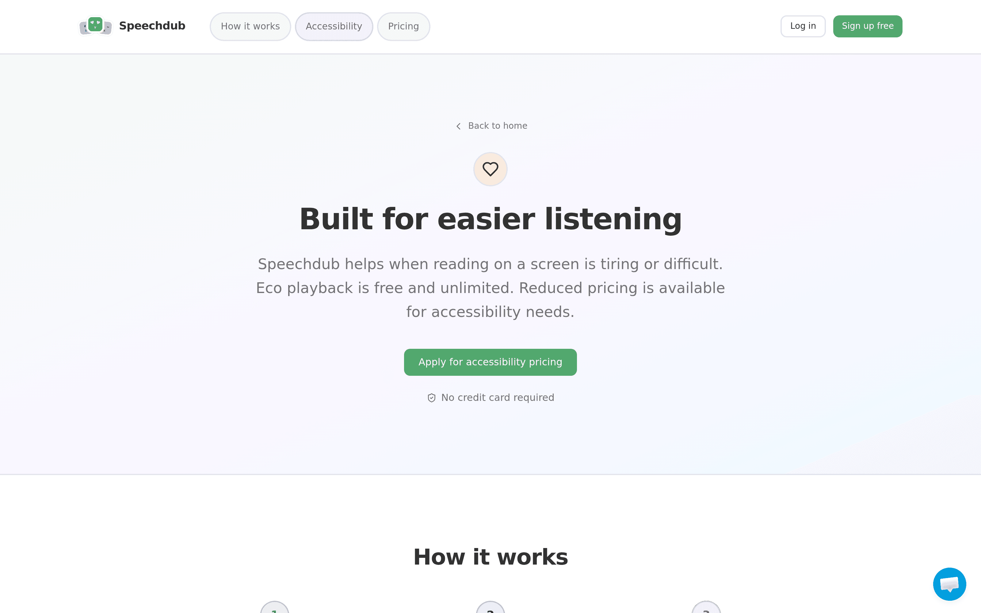 The accessibility page, which leads straight to an 'Apply for accessibility pricing' button with no credit card required.