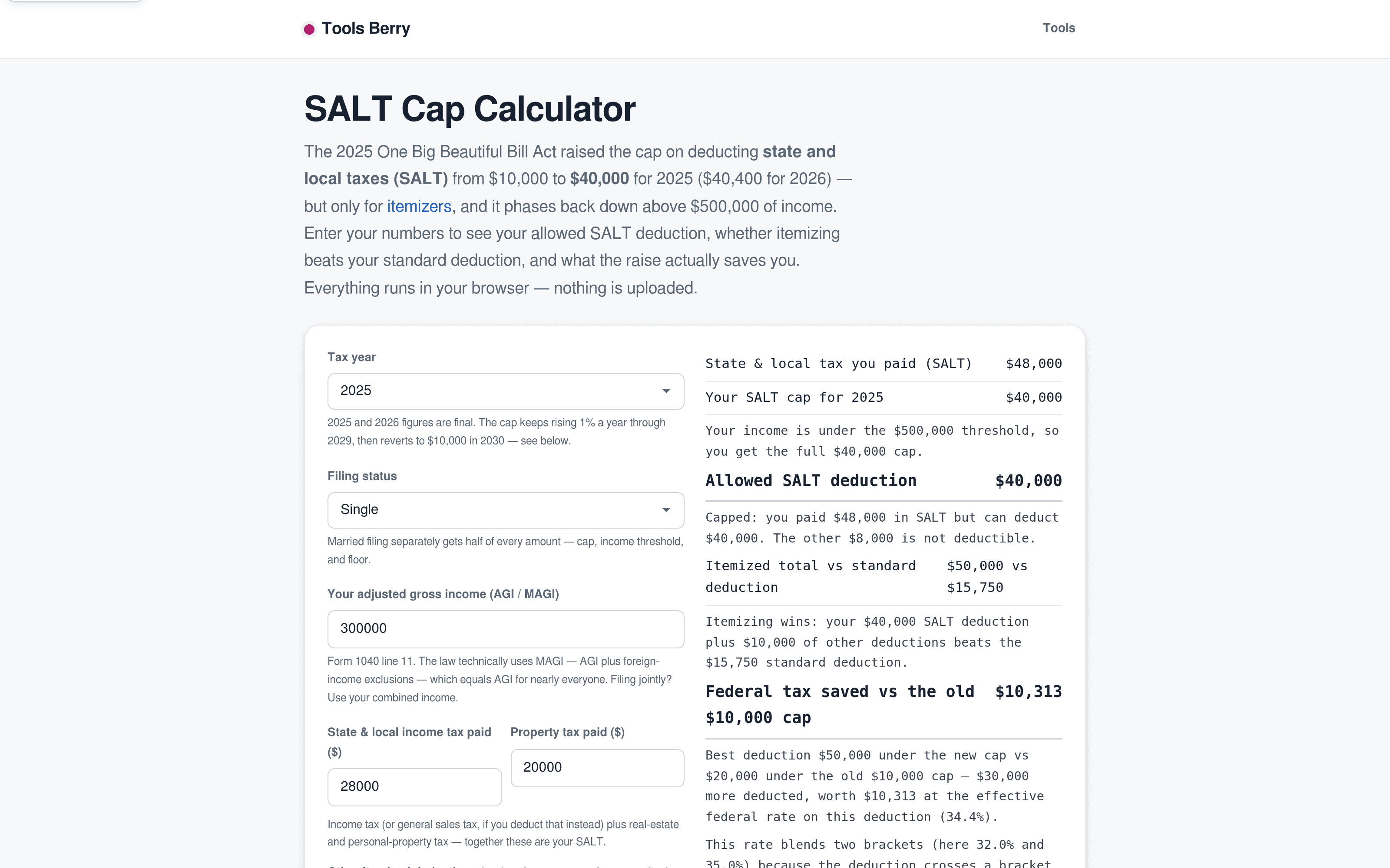 The SALT cap calculator comparing itemised total against the standard deduction, and the saving versus the old $10,000 cap.
